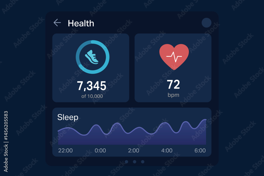 Health tracking app with step count, heart rate, and sleep cycle graph.