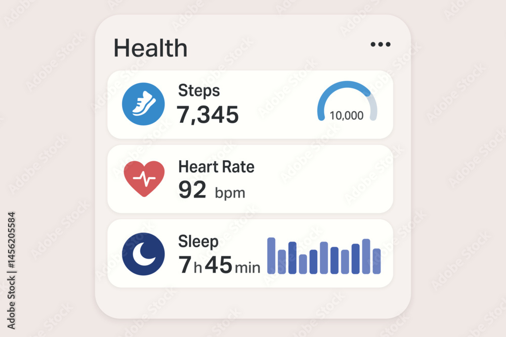 Bright health app interface with steps, heart rate, and sleep stats.
