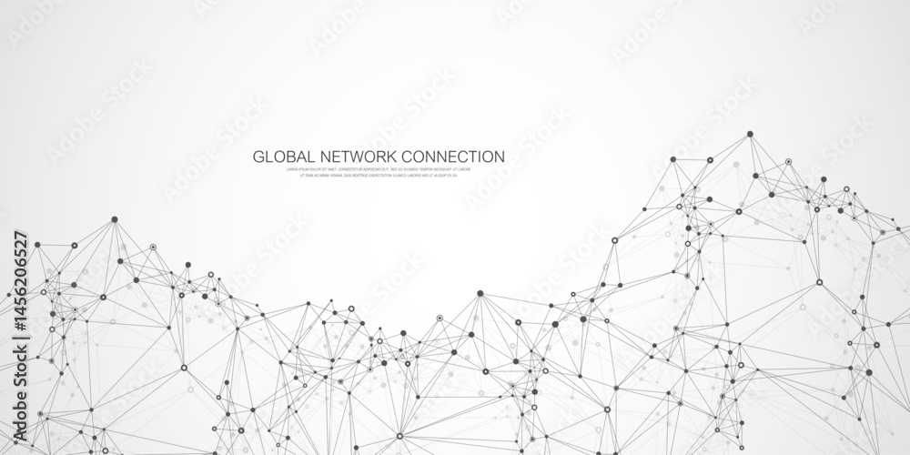 Global network connection idea template. Abstract tech network connection dots. Digital technology and big data analysis background with plexus lines. Geometric background with abstract mesh Global network connection idea template. Abstract tech network connection dots. Digital technology and big data analysis background with plexus lines. Geometric background with abstract mesh