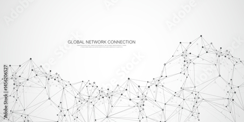Global network connection idea template. Abstract tech network connection dots. Digital technology and big data analysis background with plexus lines. Geometric background with abstract mesh