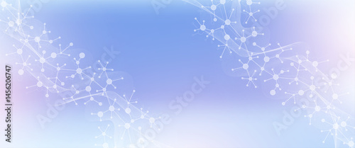 Colorful molecules background with DNA helix, DNA strand, DNA Test. Molecule or atom, neurons. Abstract structure for science, healthcare or medical background, banner. Scientific vector illustration