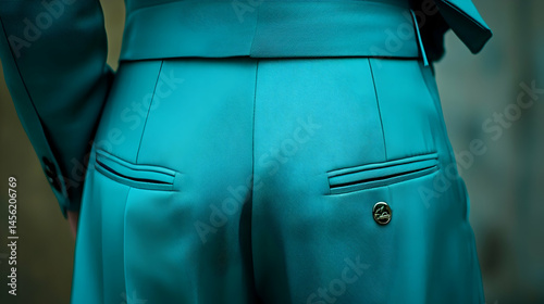 Teal tailored trousers detail: a sartorial statement of minimalist fashion elegance