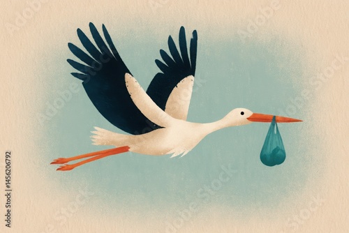 Stork Delivering Baby Vector Illustration: Symbol of New Birth on Light Blue Background