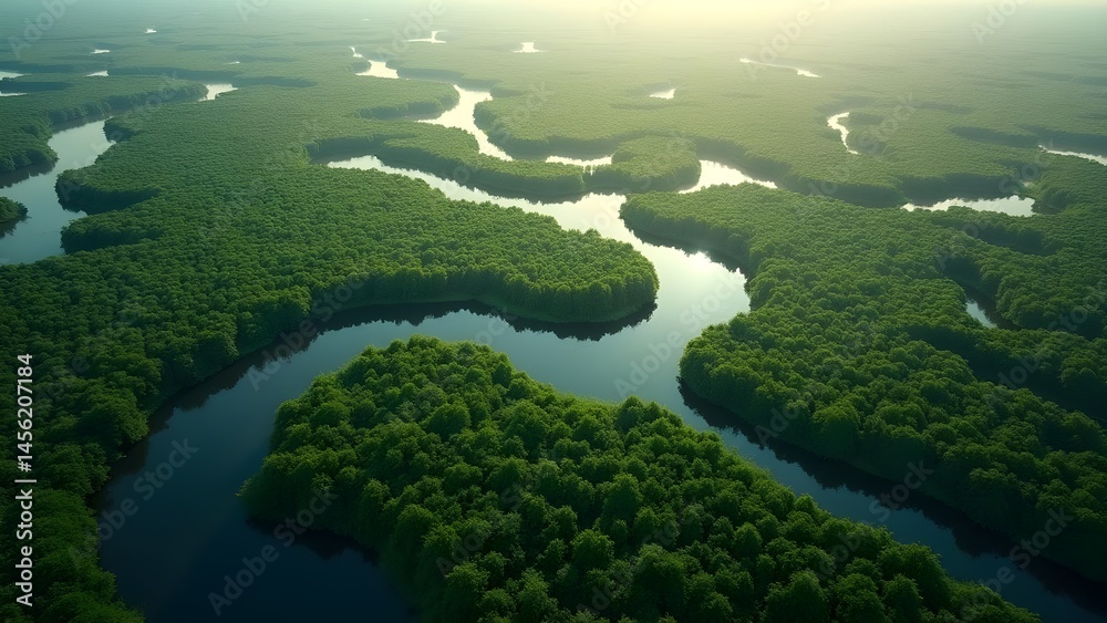 Lush Green Forest with Winding River: Aerial View of Tranquil Natural Landscape Lush Green Forest with Winding River: Aerial View of Tranquil Natural Landscape