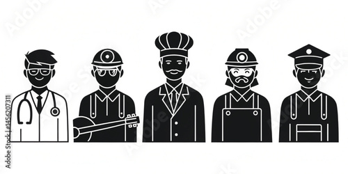 Vector Occupation and Career Icons – Black Silhouette Set of Doctor, Engineer, Teacher, Musician, Police 
