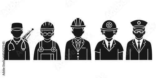 Vector Occupation and Career Icons – Black Silhouette Set of Doctor, Engineer, Teacher, Musician, Police 