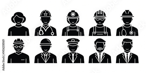 Vector Occupation and Career Icons – Black Silhouette Set of Doctor, Engineer, Teacher, Musician, Police 
