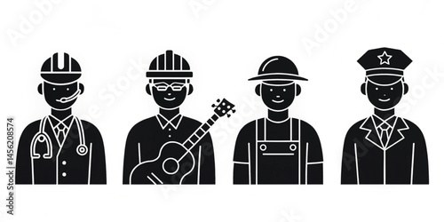 Vector Occupation and Career Icons – Black Silhouette Set of Doctor, Engineer, Teacher, Musician, Police 