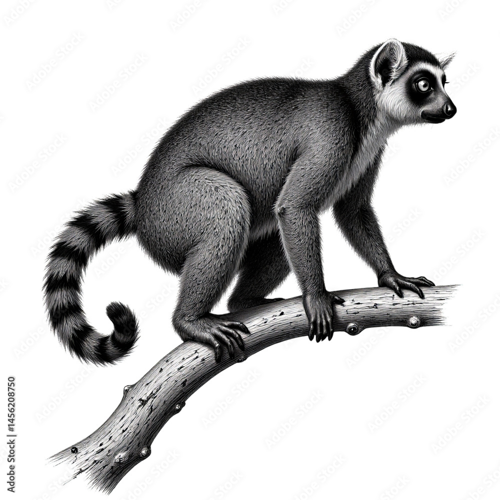 Fototapeta premium Gray Lemur on Branch, Detailed Illustration with Transparent Background