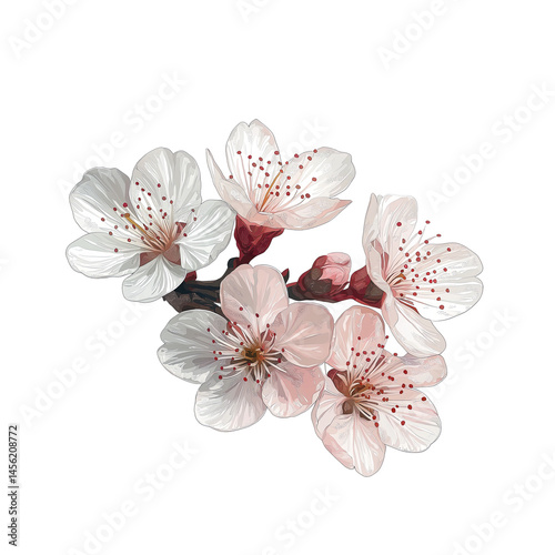 Cherry blossom branch with delicate pink flowers and buds isolated on transparent background, spring floral composition, Branch close-up, elegant botanical design, Wedding Invitations white backdrop