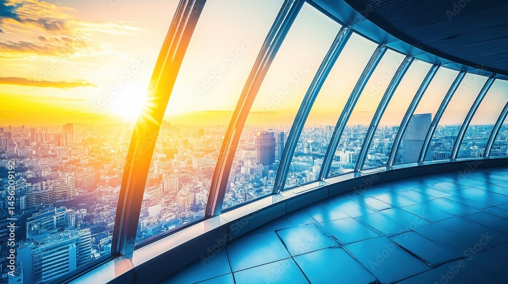 Fototapeta premium Panoramic vista from futuristic tower overlooking urban landscape at sunset showcases skyline and architectural design innovation