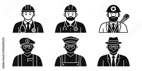 Vector Occupation and Career Icons – Black Silhouette Set of Doctor, Engineer, Teacher, Musician, Police 