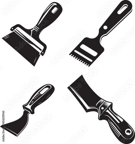 Black and White Silhouette Set of Scrapers – Flat, Putty Knife, Paint, and Multi-purpose Types