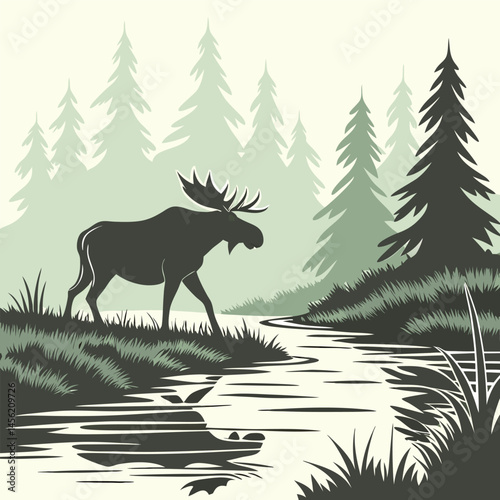 A serene illustration of a moose standing by a winding stream in a forested landscape