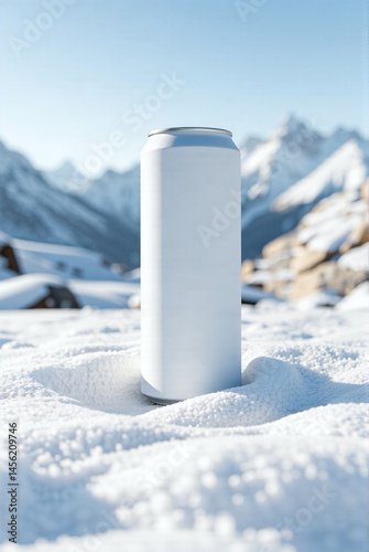 white aluminum soda can in a snowy mountain landscape with sharp, snow-covered peaks under a clear blue sky.