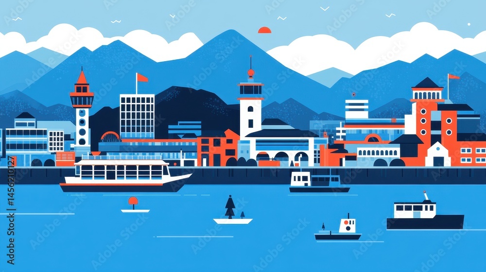 Obraz premium Vibrant Pixel Art Cityscape a Detailed 8-bit Coastal Town with Mountains and Boats offering a nostalgia journey background
