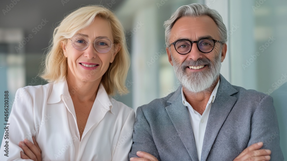 Two mature executive managers are standing close together, smiling joyfully. They are dressed professionally, showcasing a positive work environment in a sleek office space Two mature executive managers are standing close together, smiling joyfully. They are dressed professionally, showcasing a positive work environment in a sleek office space
