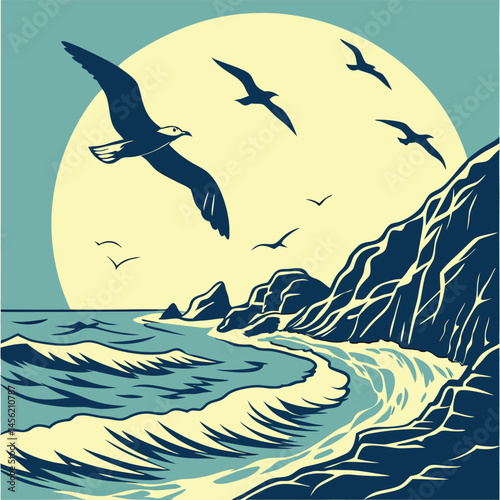 A stylized coastal scene features a vast ocean with gentle waves lapping against a rocky shore