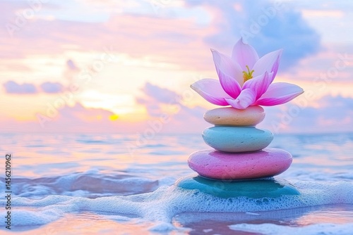 Peaceful sunrise scene with colorful stones and lotus flower on the beach