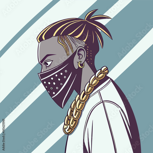 Stylized Portrait of Individual With Mask and Braided Hairstyle in Modern Art Style