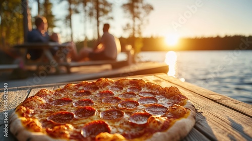 Fototapeta Naklejka Na Ścianę i Meble -  A mouth-watering pepperoni pizza sits on a wooden table, with a stunning sunset and scenic lake in the background, creating a perfect atmosphere for a delightful meal.