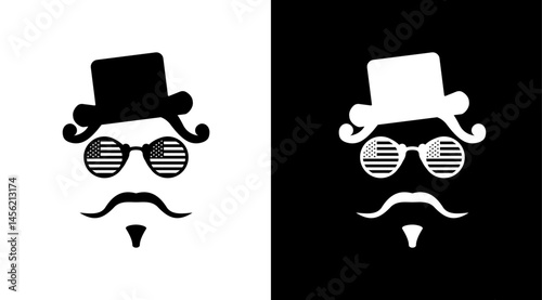 Abstract american gentleman character with hat, hair, moustache, usa flag glasses set. Vintage man face concept vector to use for independence day, memorial day design projects.