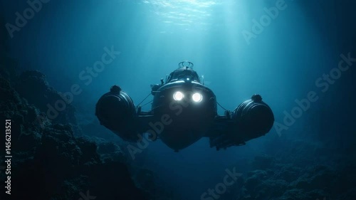 Deep-sea exploration vehicle navigating through dark ocean depths with sunlight filtering down