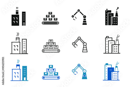 Factory best solid icon set. Icons related to smart factory, packaging, mass production, worker, quality control, process, plant, manufacture, product etc. Vector illustration