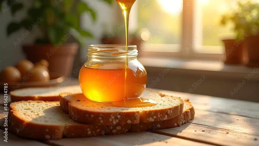 Golden Honey Pouring Over Bread Slices with Natural Light from a Window and Plants in the Background
