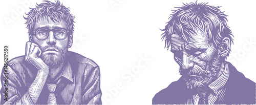 set of purple Engraving Designs Featuring an Unemployed Man with a Tired Face – Detailed Line Art Illustrations for Print, Engraving, and Vintage-Inspired Creative Projects