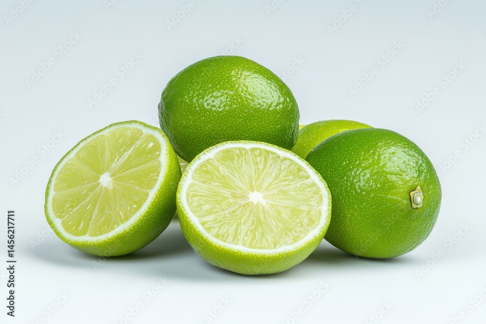 Fresh limes stacked with sliced halves revealing juicy interior on a neutral background Fresh limes stacked with sliced halves revealing juicy interior on a neutral background