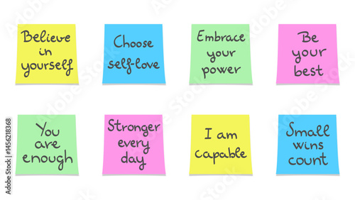 Colorful sticky notes with handwritten self-esteem boosting phrases
