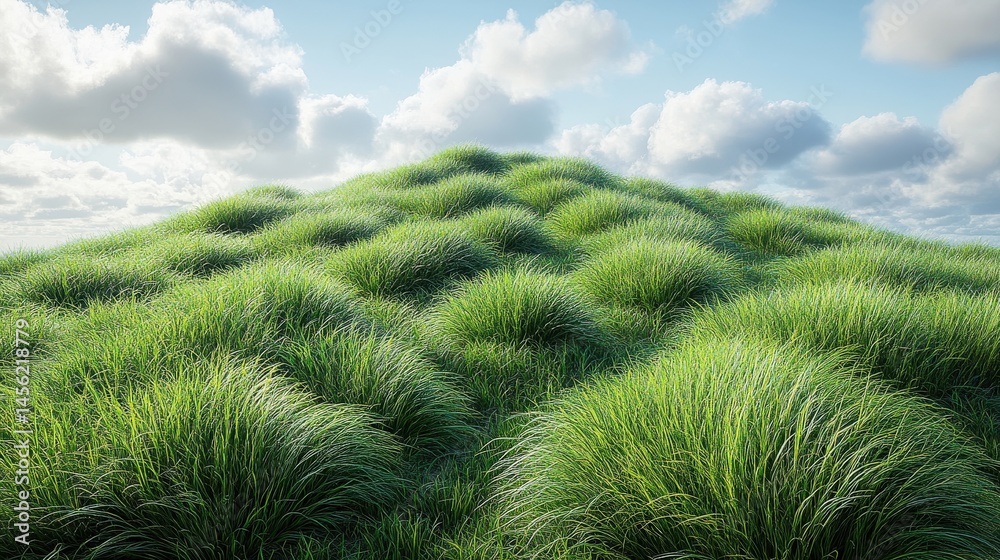 Lush, green grass covering a mound under a bright, cloudy blue sky Lush, green grass covering a mound under a bright, cloudy blue sky