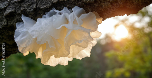 A tremella mushroom hanging from a tree branch in a forest area with trees in the background and a light shining on the tremella. Chinese gelatinous fungi. Tremella fuciformis. Snow fungus.