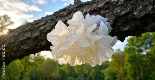 A tremella mushroom hanging from a tree branch in a forest area with trees in the background and a light shining on the tremella. Chinese gelatinous fungi. Tremella fuciformis. Snow fungus.