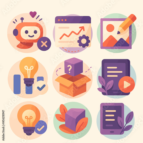 Diverse Business Icons Depicting Automation Data Analysis and Creative Process