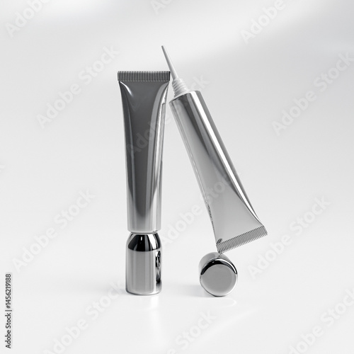 silver cosmetic soft tube with close screw cap, metallic makeup squeeze tube packaging, luxury aluminum cosmetic tube mockup, elegent aluminum makeup container, eye cream product