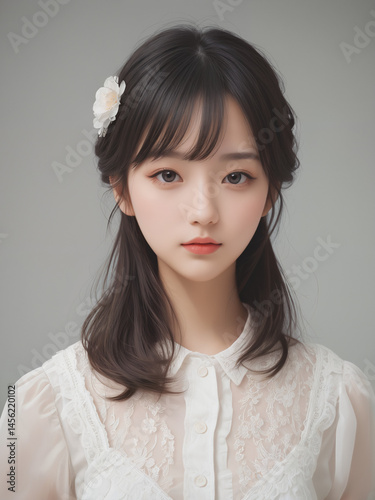 Generated closeup beauty portrait of a beautiful young woman with soft facial skin.