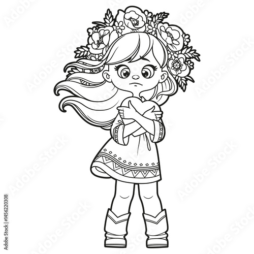 Cute sad girl in a dress with Ukrainian embroidery and a wreath hugs a heart picture for coloring