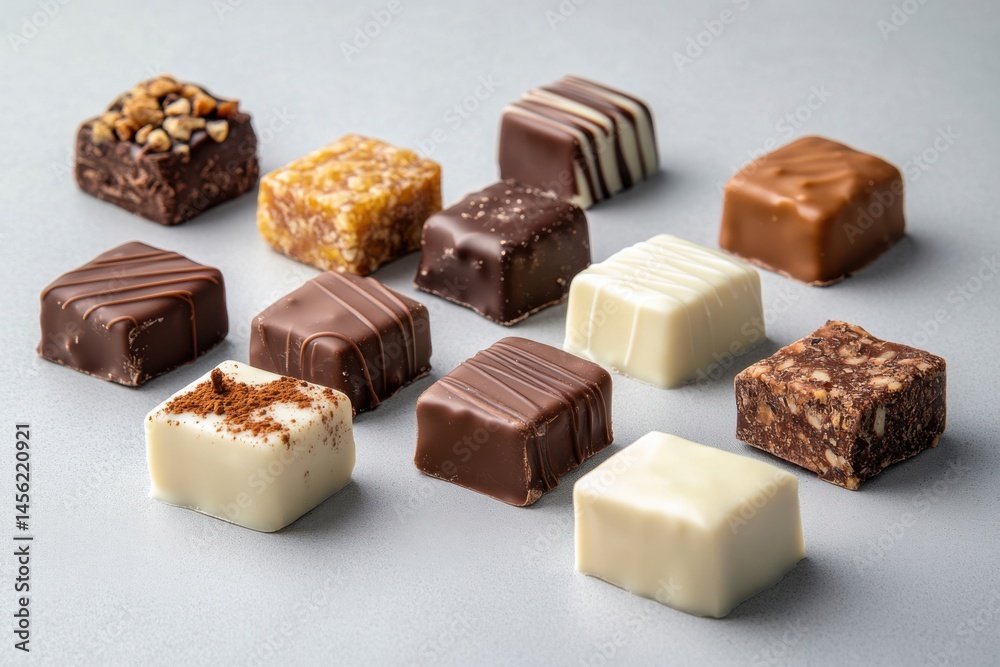 Delicious assortment of chocolate confections arranged neatly on a light surface Delicious assortment of chocolate confections arranged neatly on a light surface