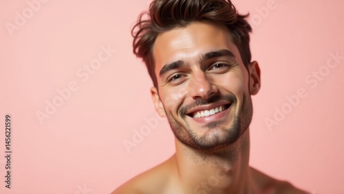 Tranexamic Acid Serum. Confidence on display. Male man model isolated background. Confident male model smiles with pride, showcasing sense of comfort and self-assurance in his natural state. photo