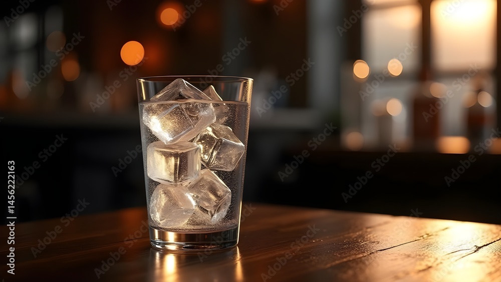 Refreshing Water with Ice Cubes on Wooden Table with Bokeh Lights Background Refreshing Water with Ice Cubes on Wooden Table with Bokeh Lights Background