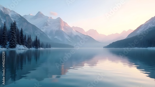 Serene Snowy Mountain Lake Landscape with Pine Forest Reflection in Crystal Clear Water