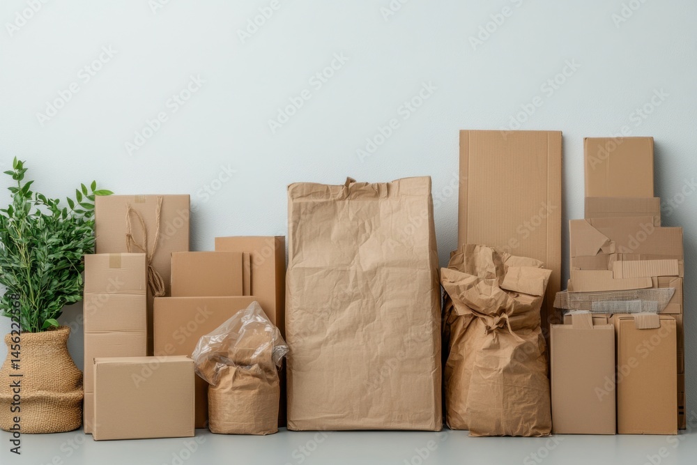 Fototapeta premium Brown cardboard packaging and boxes arranged neatly against a neutral wall in a minimalist setup for shipping and storage