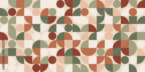 Retro geometric bauhaus pattern in earth tones. Pattern composed of geometric shapes such as circles, semi-circles, and squares. The mid-century modern aesthetic creates a balanced.
