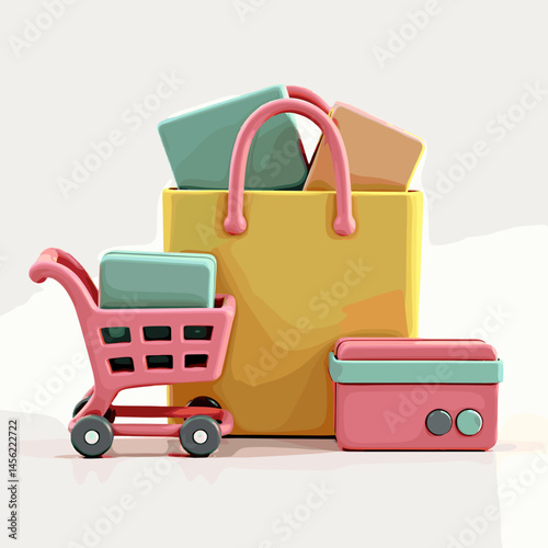Shopping cart, yellow bag, credit card, vector illustration for online store promotions