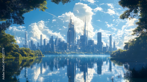 Futuristic city reflected in tranquil lake, surrounded by greenery.