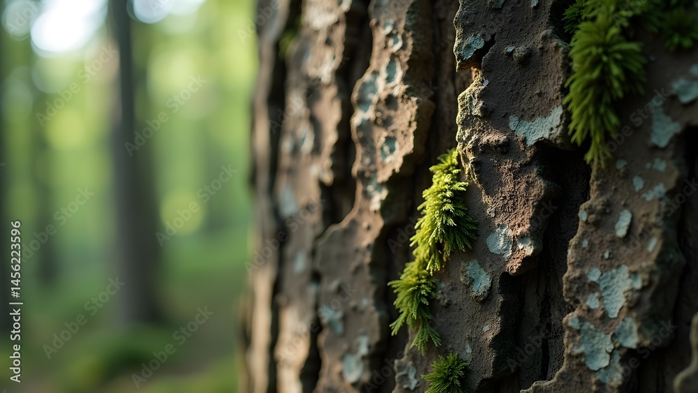 Fototapeta premium Close-Up of Tree Bark with Moss and Lichen in Forest Setting