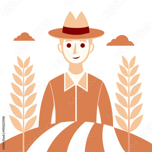 A cheerful male farmer stands amidst golden wheat fields, wearing a straw hat and smiling warmly at the viewer.