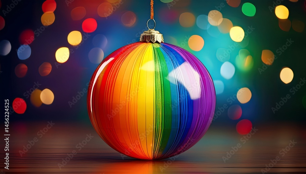 Fototapeta premium A colorful rainbow ornament hangs with vibrant bokeh lights in the background, creating a festive and cheerful atmosphere.